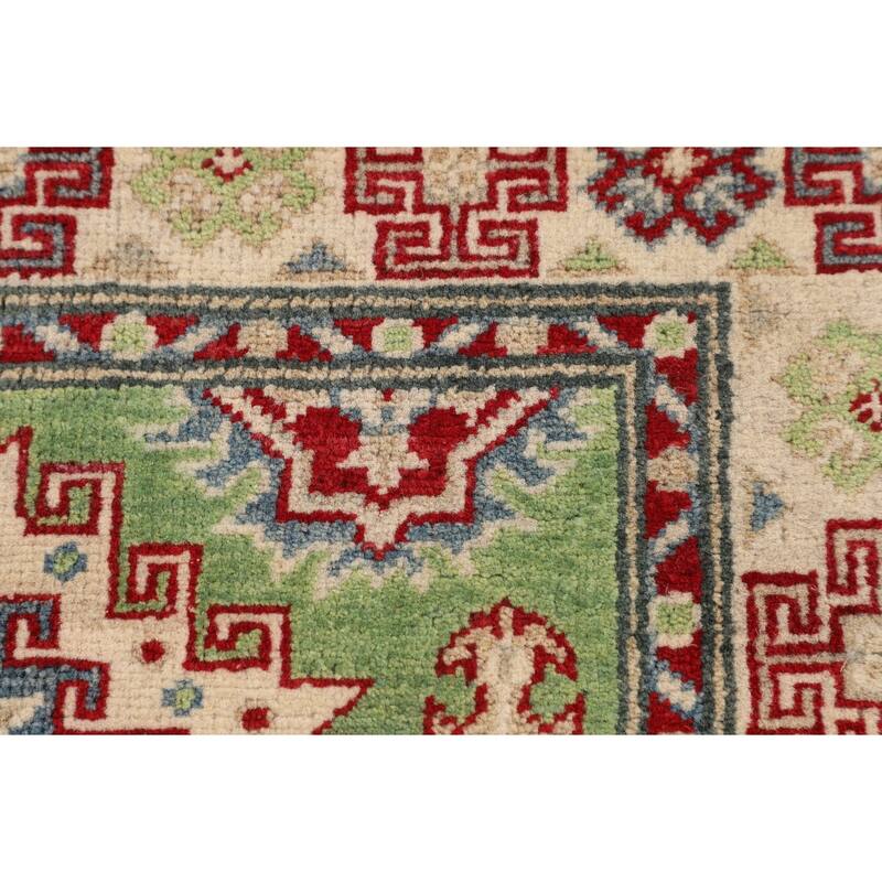 Light Green Geometric Kazak Oriental Accent Rug Handmade Wool Carpet - 2'7" x 3'10"