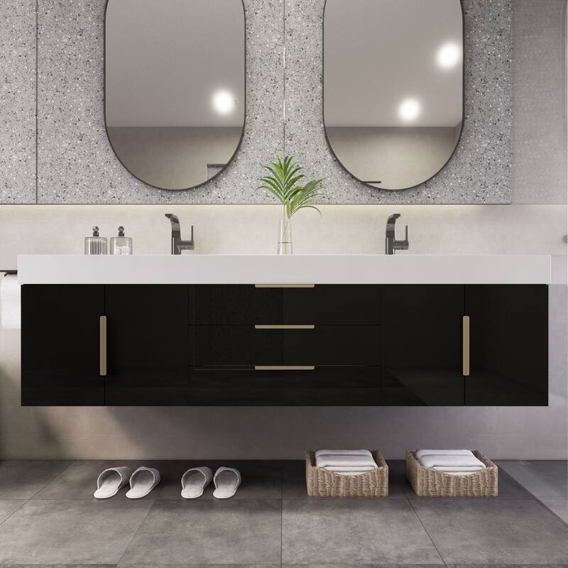 Noble 72" Wall Mounting Vanity with Reinforced Acrylic Double Sink - 72" Width - Glossy - High Gloss Black