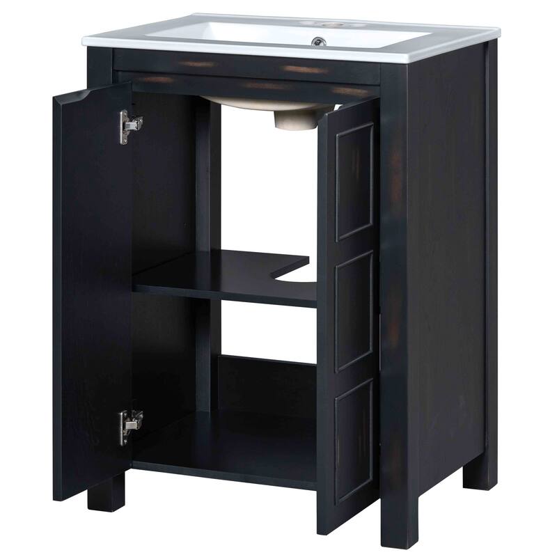 Freestanding Bathroom Vanity Set of 2, Weathered Texture Storage Cabinets with Ceramic Sinks, Storage Shelf and Soft Close Doors