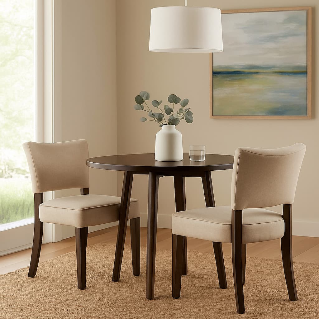 Rea Dining Side Chair Set of 2, Beige Fabric, Oak Brown Solid Wood