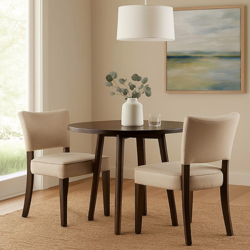 Rea Dining Side Chair Set of 2, Beige Fabric, Oak Brown Solid Wood