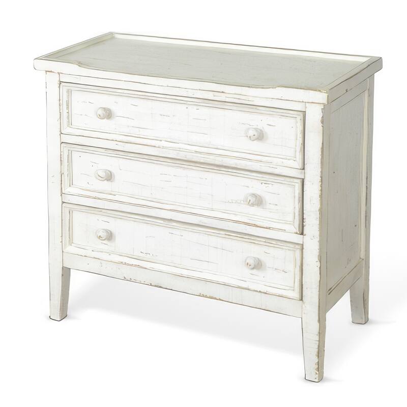 Rena Side End Table with 3 Drawers, 28 Inch Rustic White Mahogany Wood