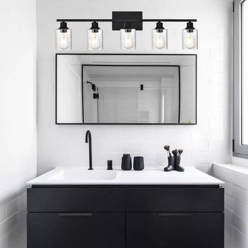 5-Light Wall Light Industrial Glass Wall Sconce, Bathroom Wall Light Seeded Lampshade Wall Lamps for Vanity Mirror Living Room - Black