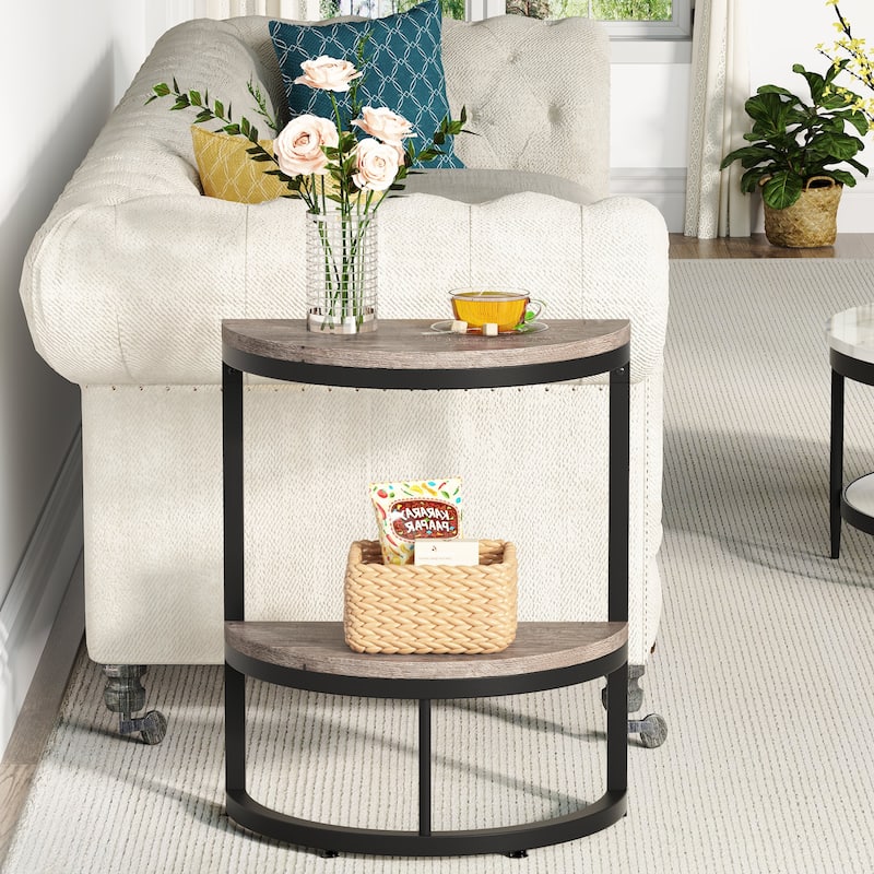 Half Round End Table with Storage, Small Wood Side Table for Living Room