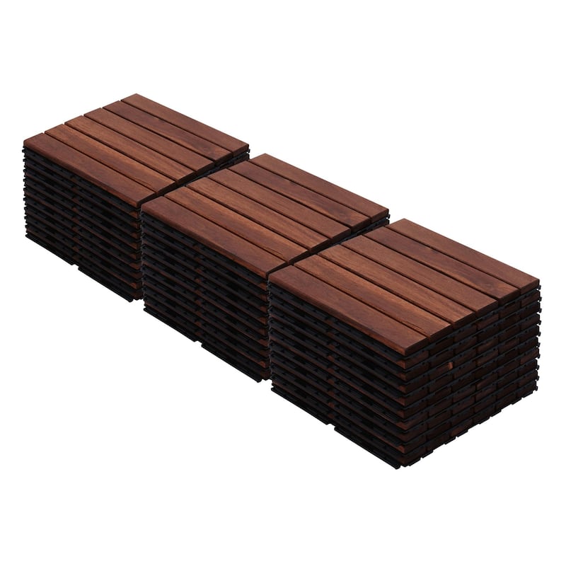 30 PCS Interlocking Deck Tiles Striped Pattern, 12" x 12"Square Acacia Hardwood Outdoor Flooring for Patio,Bancony,Pool Side - Brown