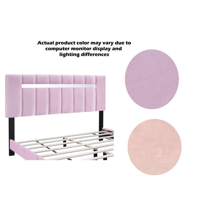 Pink Velvet Upholstered Bed Frame with Adjustable Features