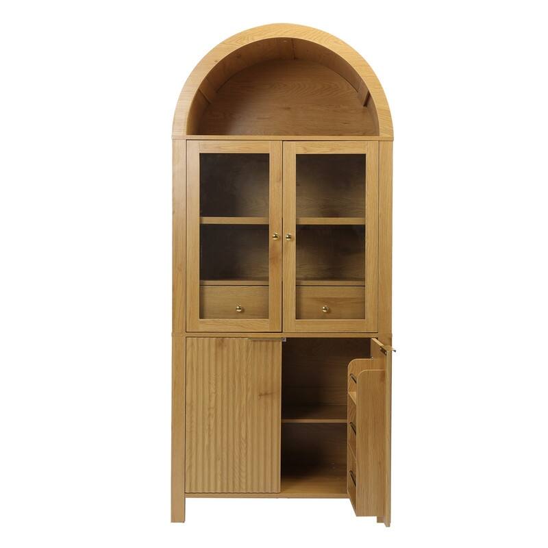 71" Tall Fluted Arched Pantry Cabinet with Glass Doors and Adjustable Shelves for Elegant Kitchen Storage