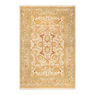 Overton Hand Knotted Wool Vintage Inspired Traditional Ottoman Ivory Area Rug - 4' 2" x 6' 3"