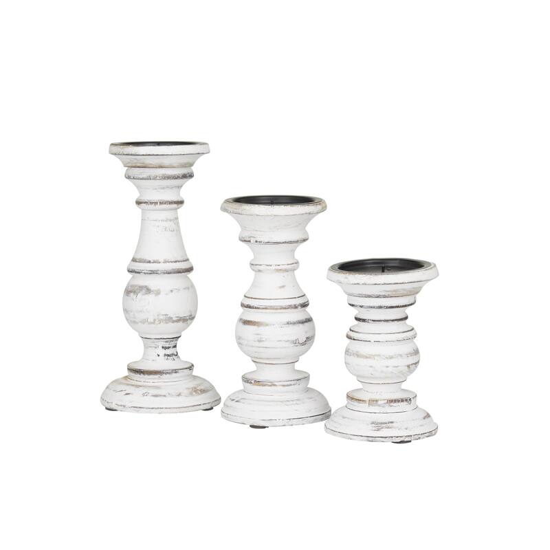 Mango Wood Distressed Turned Pillar Decorative Candle Holder - Set of 3 - Roche River Decor