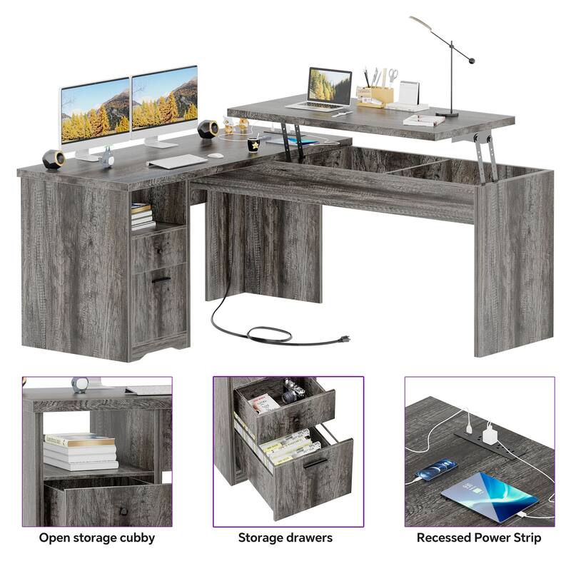 Modern Farmhouse Lift Top L-Shaped Desk with Charge Station, Corner Desk with File Drawers for Home Office