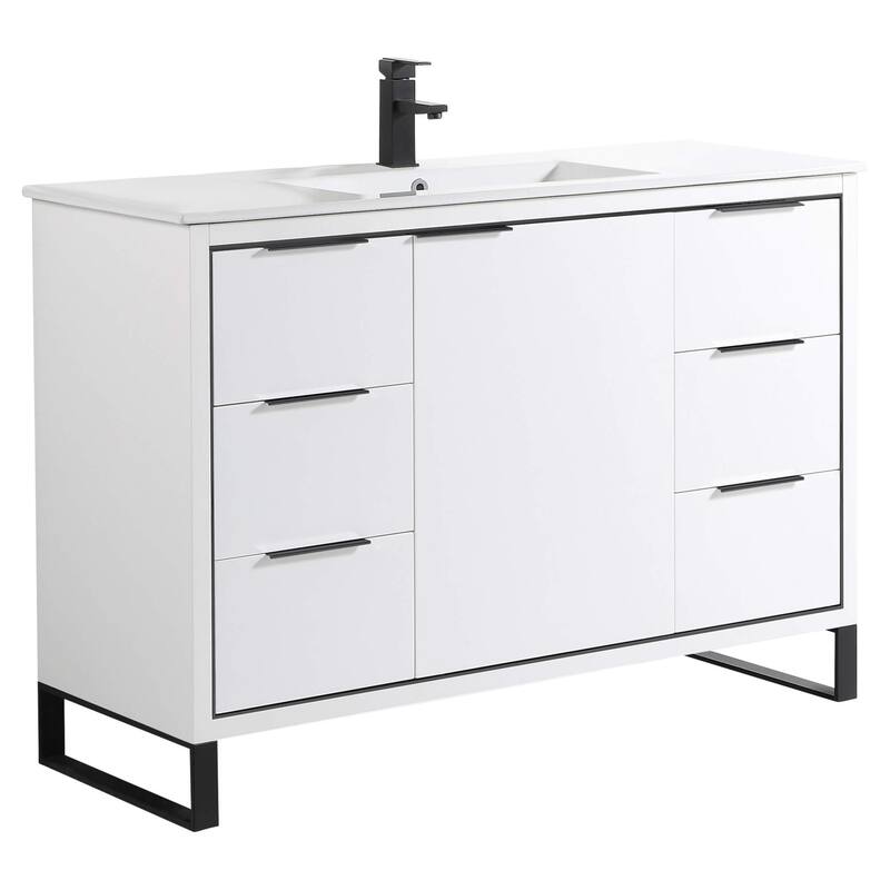Fine Fixtures Opulence Collection Bathroom Vanity with White Ceramic Sink - 48 Inch - White Matte - Black Hardware