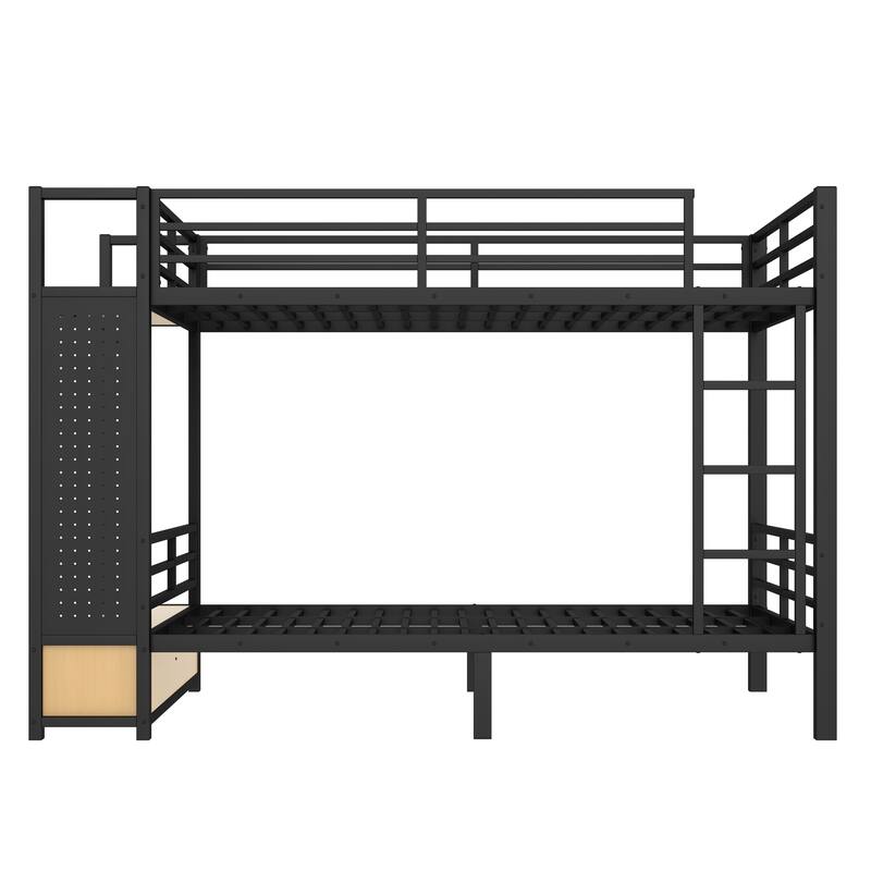 Queen over Queen size Metal Bunk Bed for Teens with Storage Shelves, Drawers and Pegboard