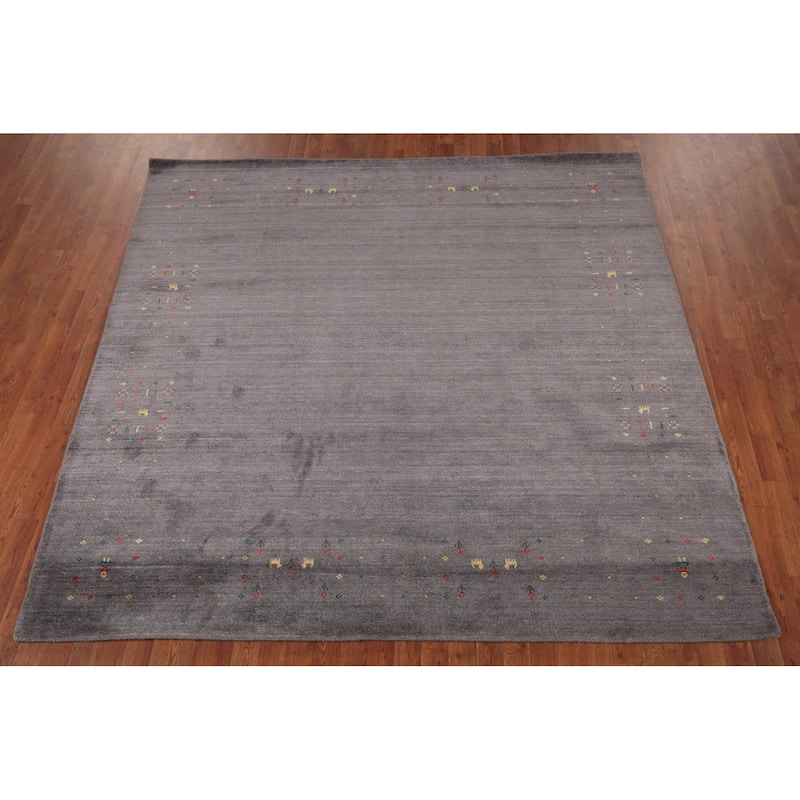 Tribal Gray Gabbeh Indian Square Area Rug Silk Carpet - 7'10" X 7'10"