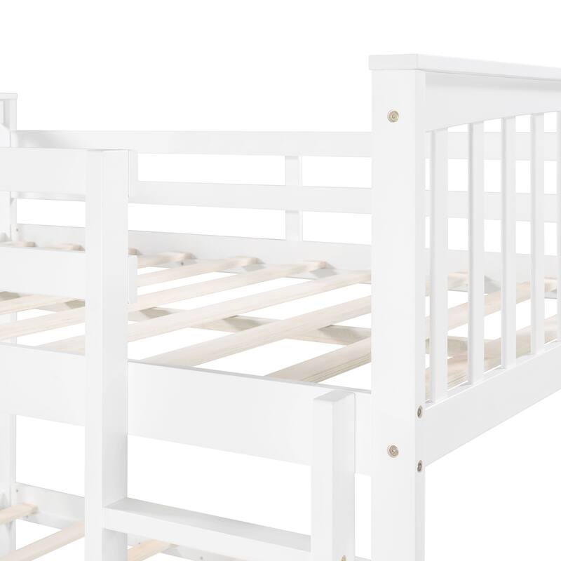 Full Over Full Bunk Bed with Ladder, Convertible to Two Full Beds, Solid Pine Frame, White