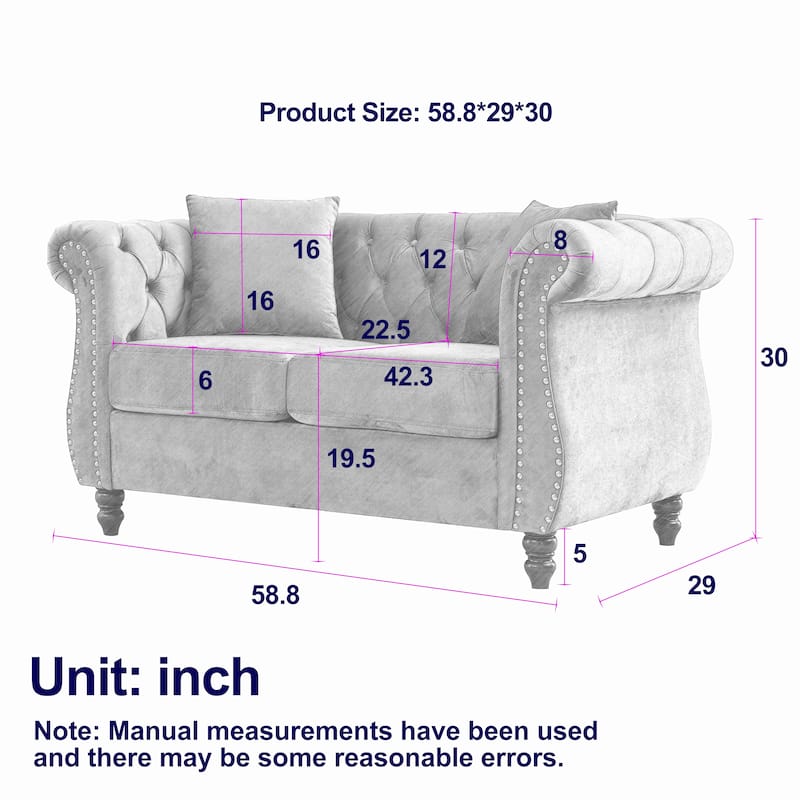 Beige Velvet Chesterfield Loveseat Sofa, Rolled Arms, Nailhead Trim