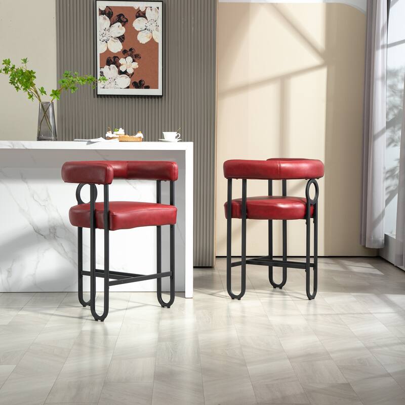 Bar Stools Set of 2, Upholstered Counter Height Stools with Back, Kitchen Island Chairs with Footrest and Metal Frame
