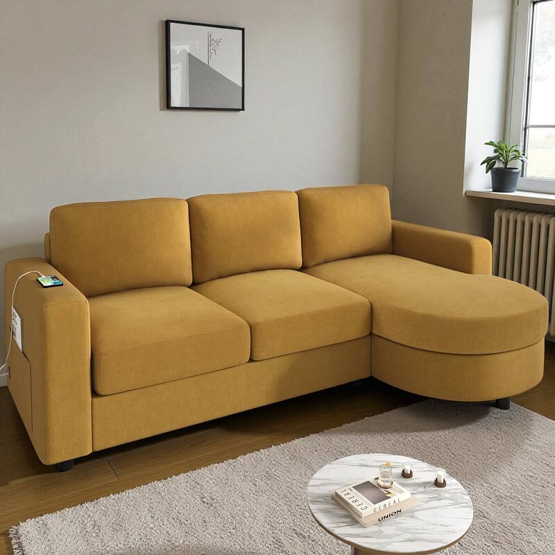 84.6" Modern L-Shaped Sectional Sofa with Curved Chaise Lounge, USB Ports and Storage Pockets, Chenille Couch for Living Room - Yellow