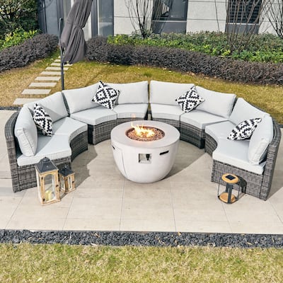 8-Seat Modular Patio PE Rattan Sofa Set with 50000BTU Terrafab Composite Fire Pit Table