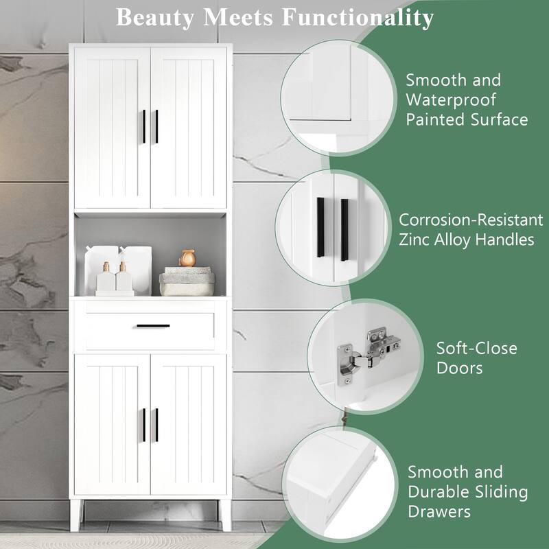 70.9" High Freestanding Tall Bathroom Cabinet with a Drawer, 2 Cabinets, 4 Soft-Close Doors, 2 Adjustable Shelves, Open Storage