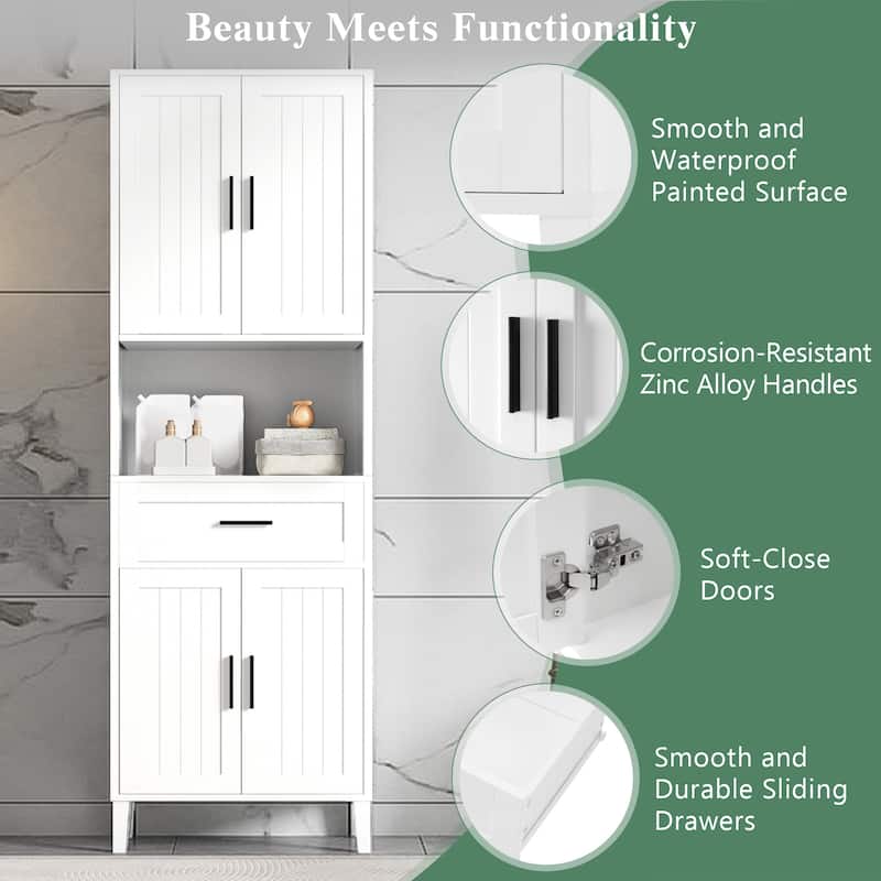 70.9" Tall Storage Cabinet - 4 Soft-Close Doors, 1 Drawer & 2 Adjustable Shelves. Perfect for Bathroom, Laundry or Living Room.