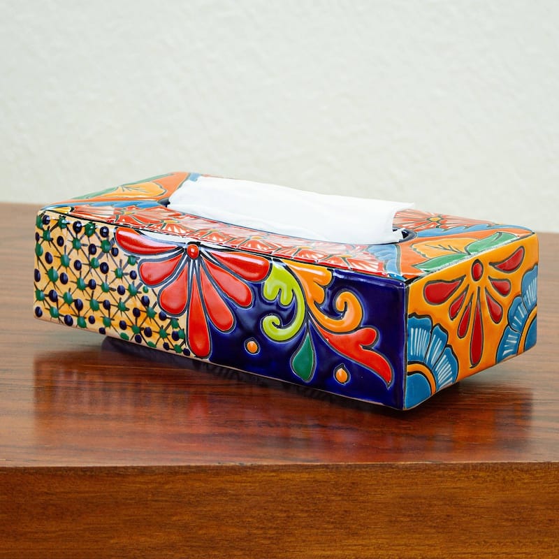 Handmade Hacienda Convenience Ceramic Tissue Box Cover (Mexico) - Multi colour - 2.8" H x 11" W x 5.75" D