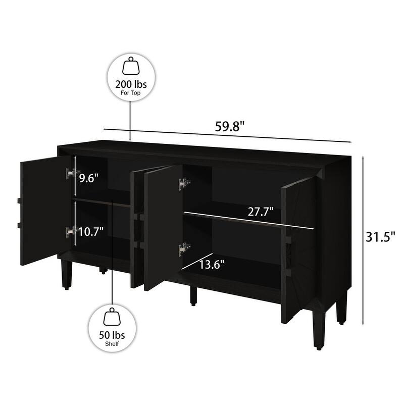 Rustic Farmhouse 59.8" Credenza, Durable Antique Wood Storage Unit for Living Room or Kitchen Use