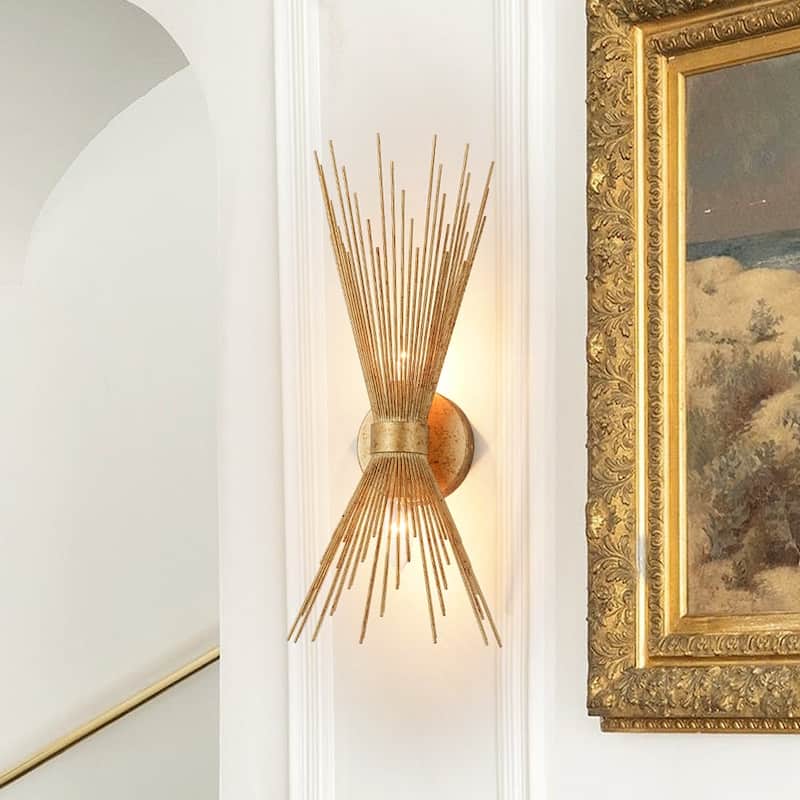 Glam 2-Light Up Down Distressed Gold Starburst Vanity Wall Sconce - Aged Gold