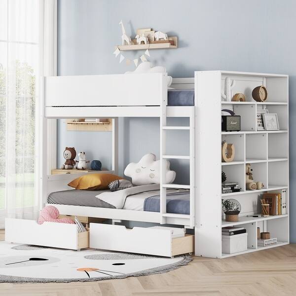 slide 2 of 9, White Wood Bunk Bed with Drawers, Multi-layer Cabinet, Guardrail Twin over Twin - White