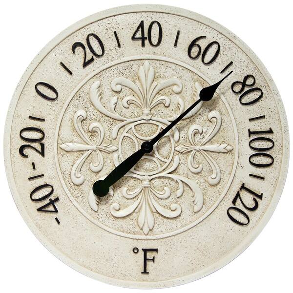 slide 1 of 14, Blanc Fleur Outdoor Decorative Round 15 inch Wall Thermometer by Infinity Instruments