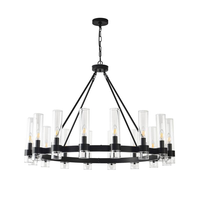 16 - Light Circular Chandelier, Gold/Black, Glass & Metal