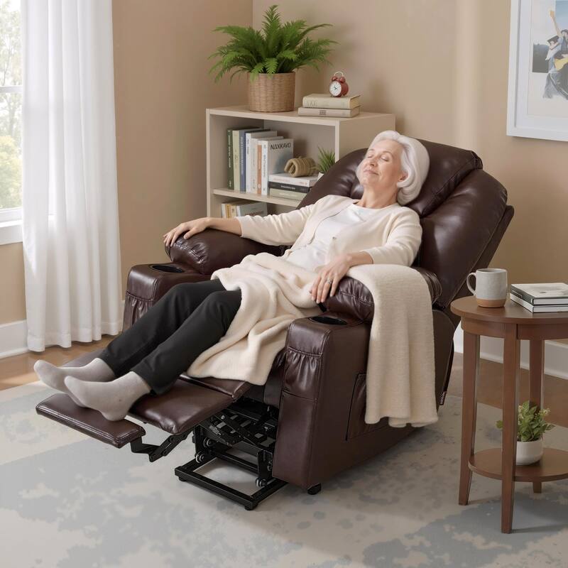 MCombo Small Power Lift Recliner Chair with Massage and Heat for Elderly, 3 Positions and USB Ports Faux leather 7141 - Dark Brown