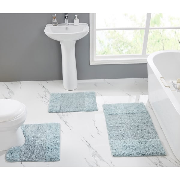 slide 2 of 8, Better Trends Granada Collection 100% Cotton Tufted Bath Mats with Non-Slip Spray Latex Backing, Machine Washable for Bathroom 3 Piece Set (17" x 24" | 20" x 20" | 21" x 34") - Blue