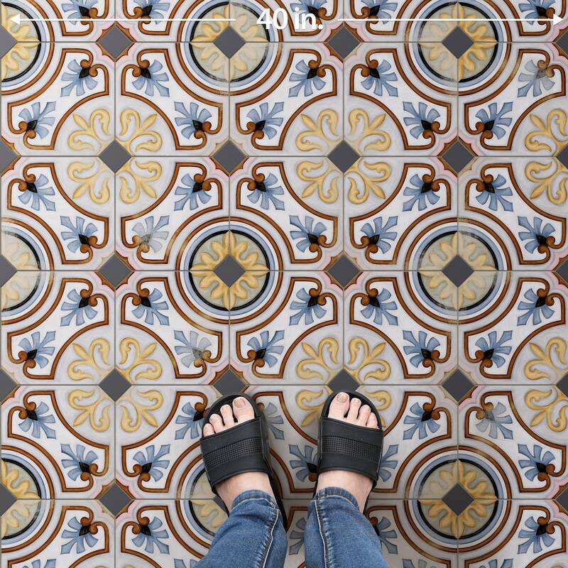 Merola Tile Vaudeville Octagon Deco Diglas with Taco Antracita 7-7/8" x 7-7/8" Porcelain Floor and Wall Tile