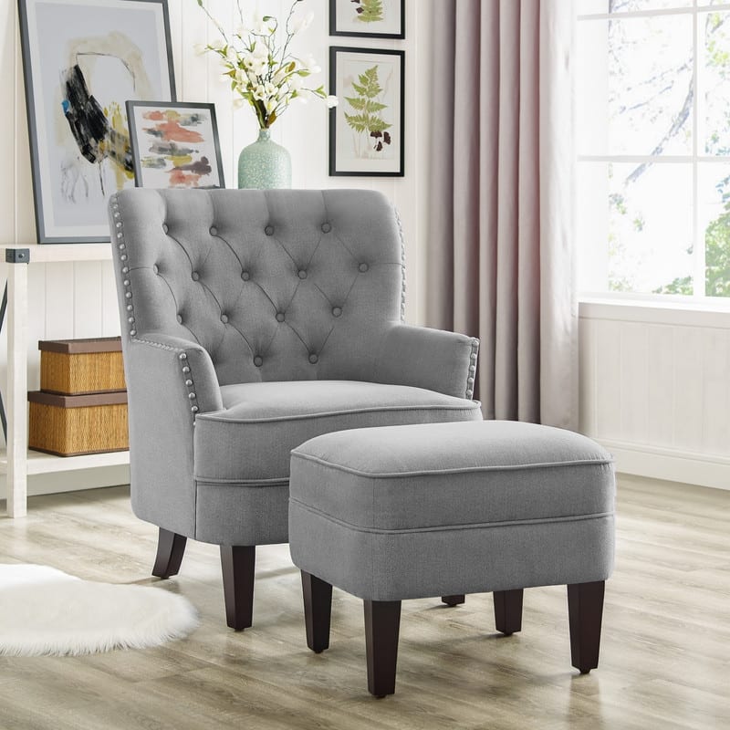Moser Bay Mignon 30'' Wide Tufted Wingback Accent Chair with Ottoman, Velvet or Linen