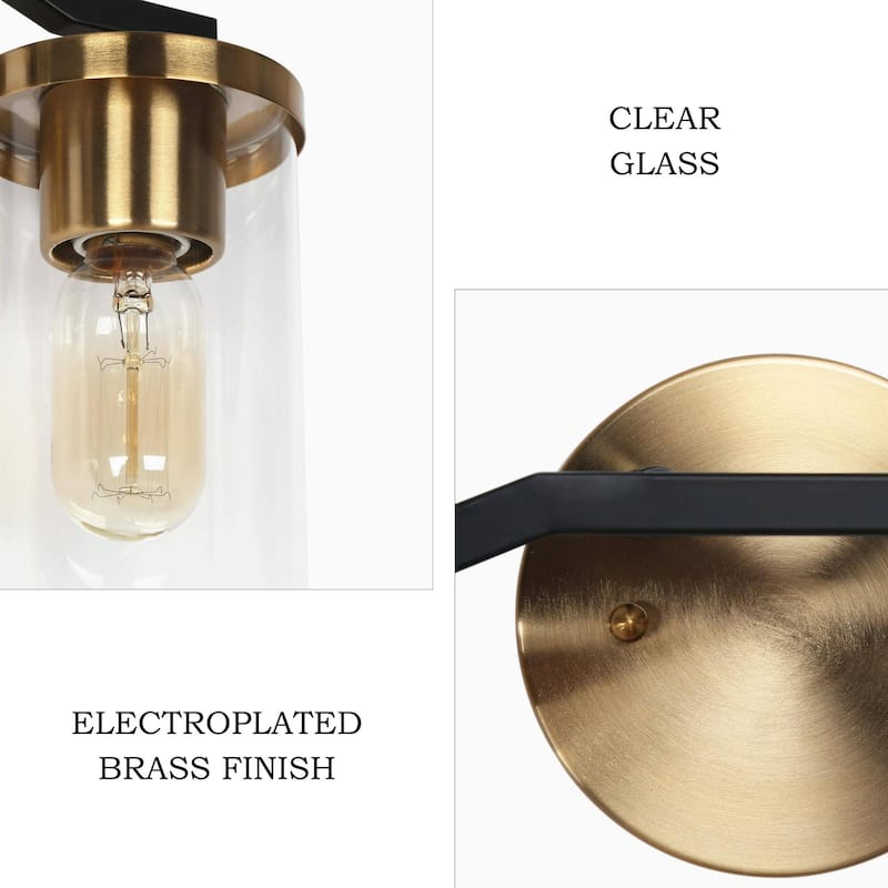 Modern Farmhouse 2-Light Black Gold Bathroom Vanity Light Dimmable Wall Sconces with Cylinder Glass - 14'' L x 5.5'' W x 9.5'' H