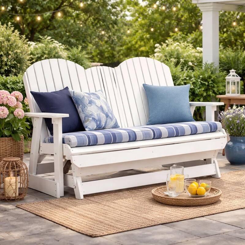 Sami 67 Inch Outdoor Adirondack Glider Loveseat, Dropdown Cupholders, White