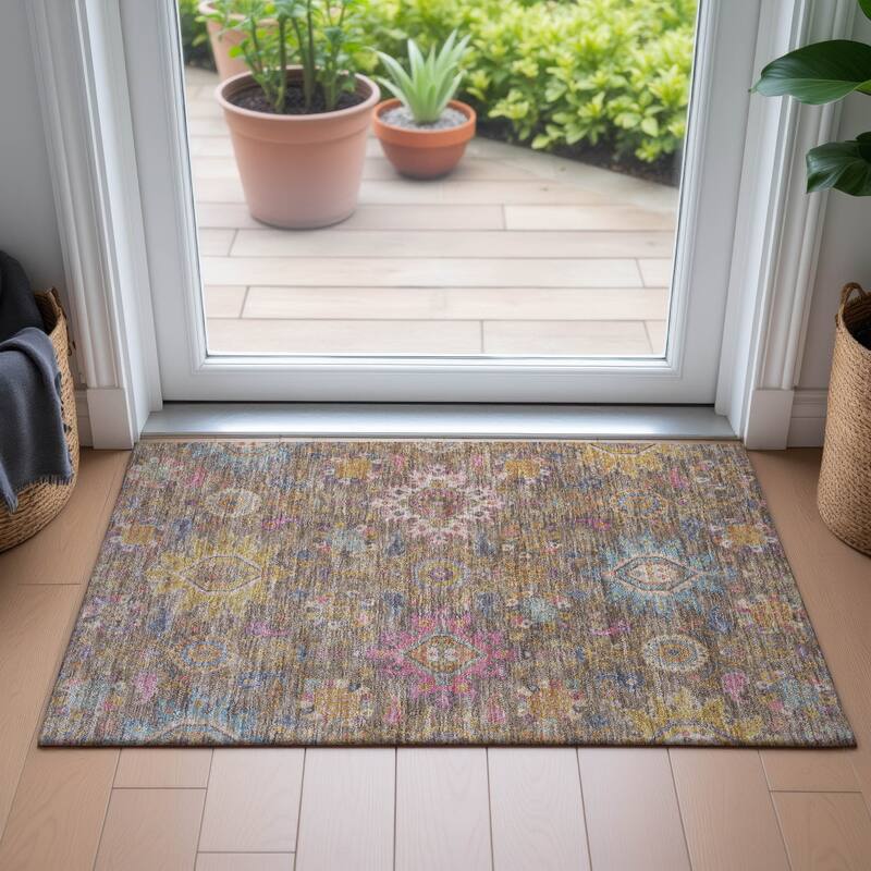 Machine Washable Indoor/Outdoor Boho Traditional Chantille Rug