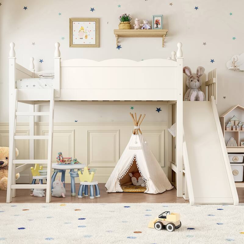 Twin Loft Bed with Storage Shelves and Wardrobe, Solid Wood Loft Beds with Detachable Slide and Ladders, No Spring Box Needed - Beige