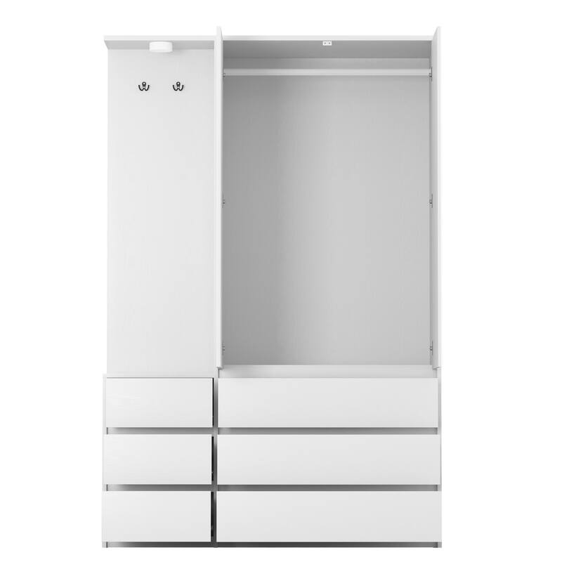 6 Drawers Armoire Wooden Bedroom Wardrobe Closet with Mirrored Door, Storage Shelves and Hanging Rail