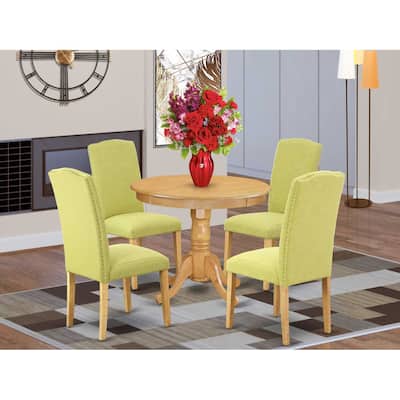 Modern Round Dining Set 5Pc - 36" Table & 4 Chairs - Oak Legs, Linen Fabric - HomeStock