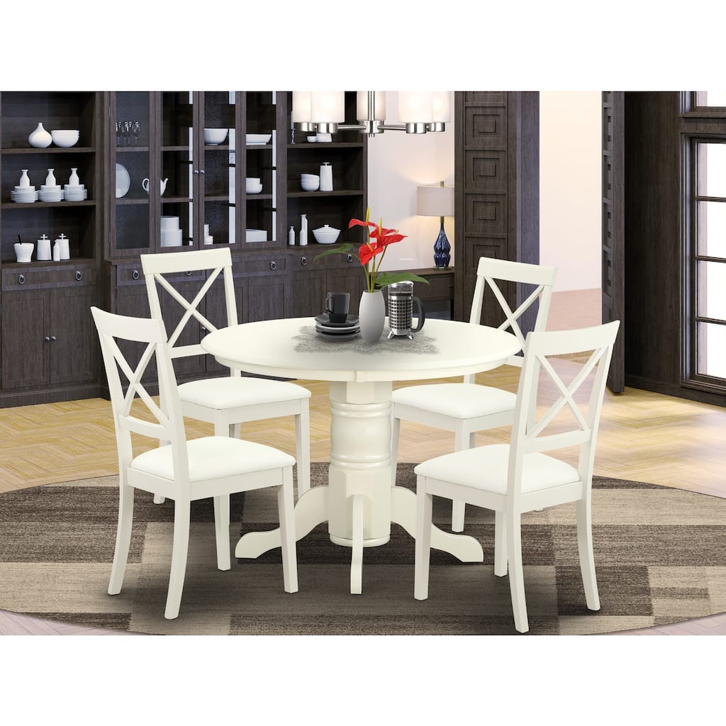 HomeStock 5-Piece Round Buttermilk and Cherry Finish Solid Wood Top Dining Table with 4 Chairs with Lattice Back