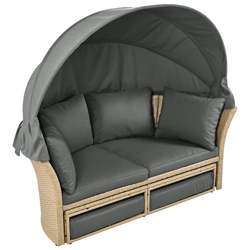 57" Outdoor Patio PE Rattan Round Daybed Sunbed with Retractable Canopy and 4 Pillows