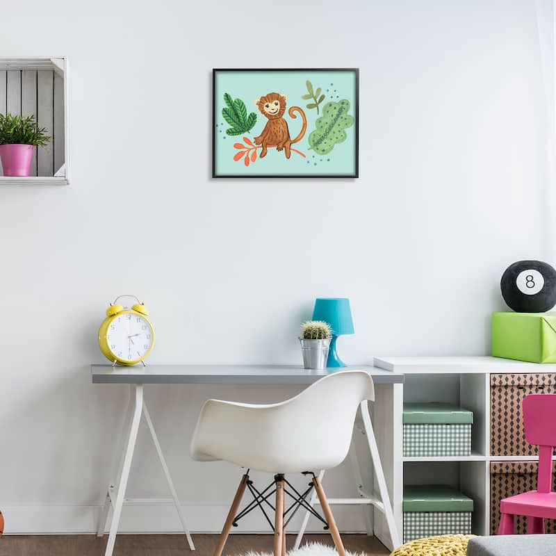 Stupell Cute Monkey Sitting Plants Leaves Illustration Framed Wall Art - Brown