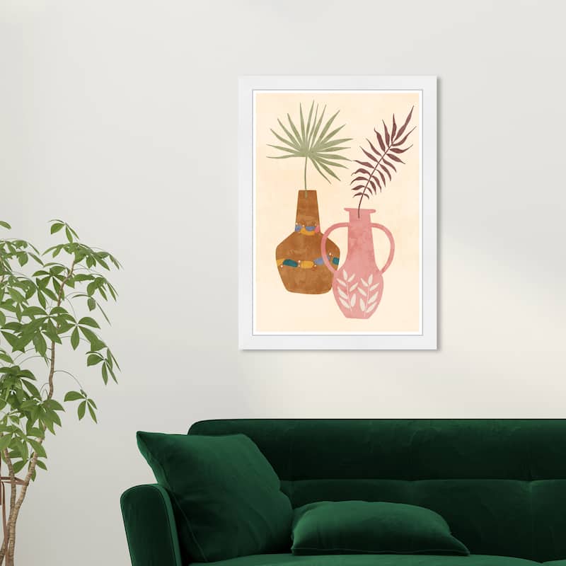 "Minimalist Pots", Boho Pattern Plant Pots Modern & Contemporary Pink Framed Wall Art Print for Dining Room