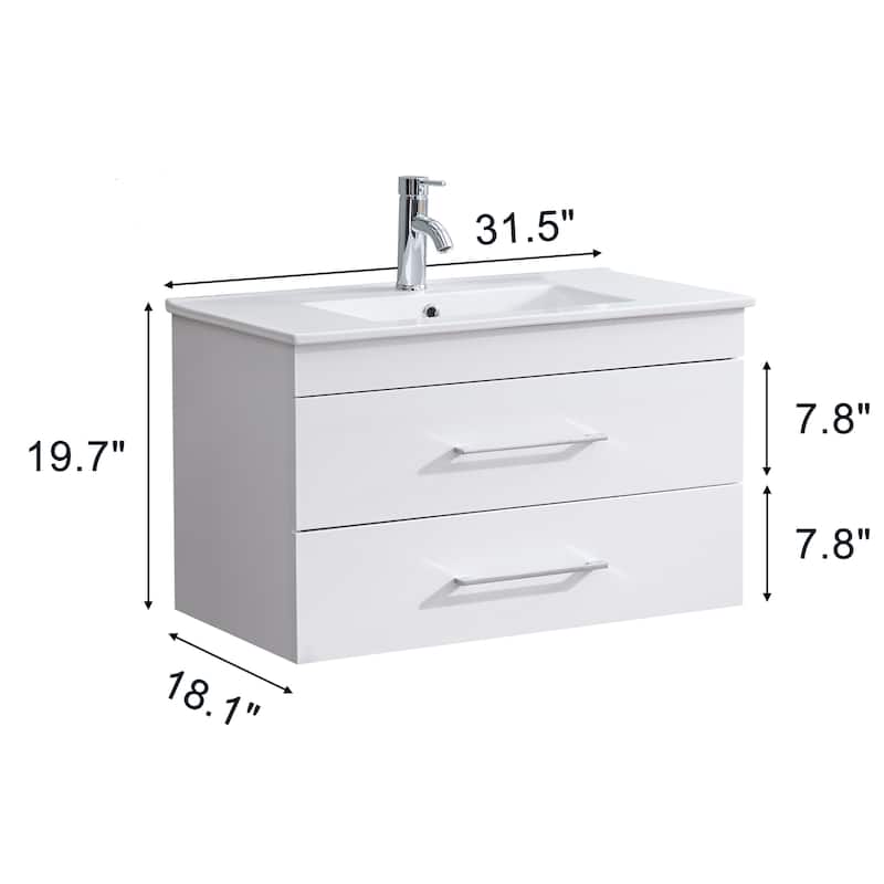 GDFStudio - 32-Inch White Gloss Wall-Mounted Bathroom Vanity with Double Drawers