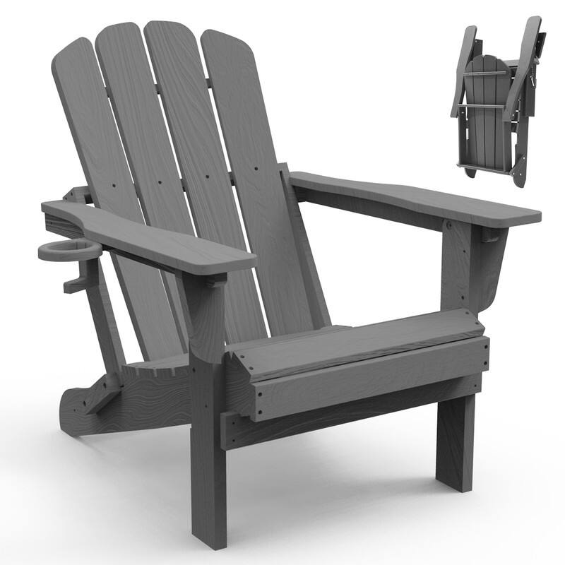 Domi Folding Adirondack Chair,Wooden Textured with Cup Holder,HDPE - 1 Folding Chair - Grey