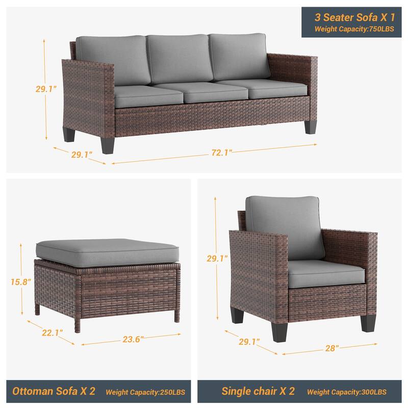 LIVOOSUN 5Pcs Patio Furniture Set Grey Rattan Coversation Seating Set