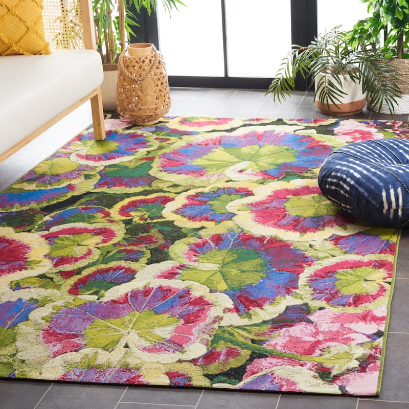 SAFAVIEH Barbados Najma Tropical Waterproof Patio Backyard Rug - 9'10" x 12'5" - Black Green/Purple