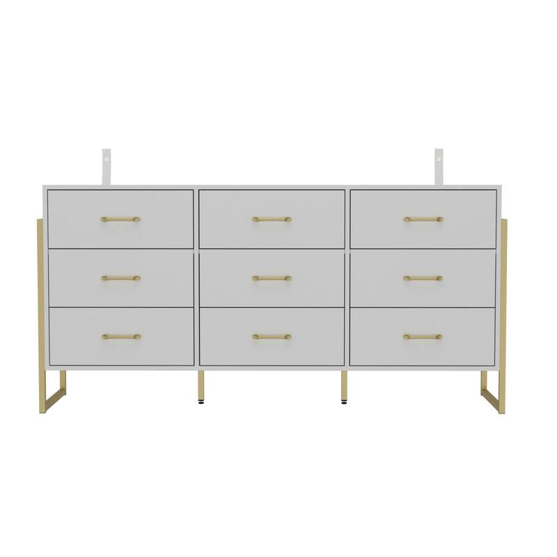 61.4” White 9-Drawer Dresser with Gold Metal Frame, Modern Storage Cabinet for Bedroom, Living Room or Entryway