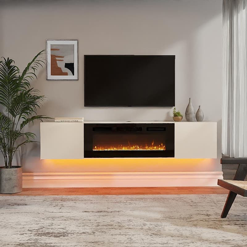 Modern Floating TV Stand with Electric Fireplace for TVs up to 80"